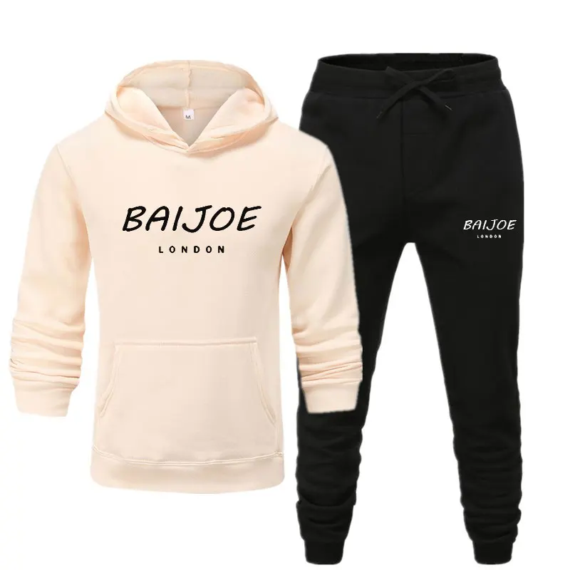 Khaki black2 Новинка, спортивный костюм, модные мужские спортивные толстовки с капюшоном+ штаны, комплект из двух предметов, хлопковая флисовая толстовка, Спортивная Толстовка для бега - Цвет: Khaki black2