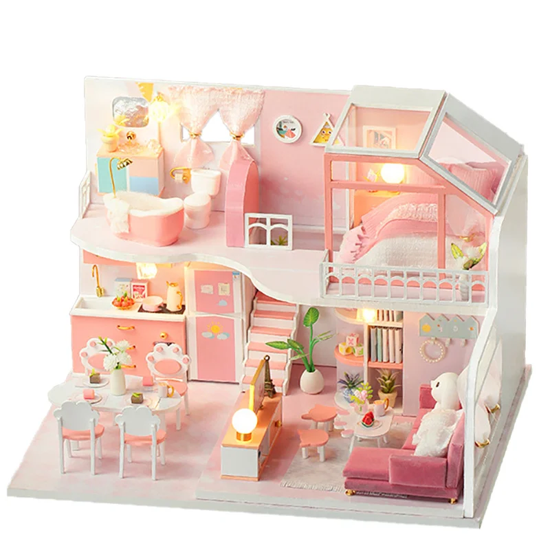 

DIY Wooden Miniature Dollhouse Assembled Loft Pink Princess Villa Doll House With Furniture Toys For Girls Kids Birthday Gifts