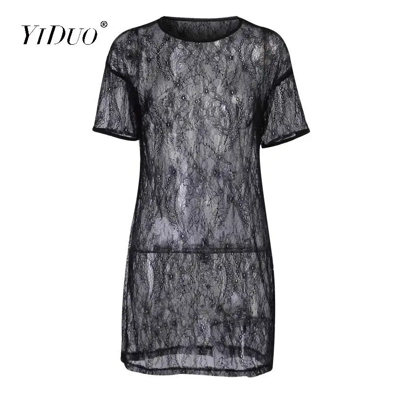 

YiDuo Sexy Transparent Black Lace Mini Summer Dress 2020 Festival Clubwear Short Sleeve Loose Dresses Women Tunic Vestidos