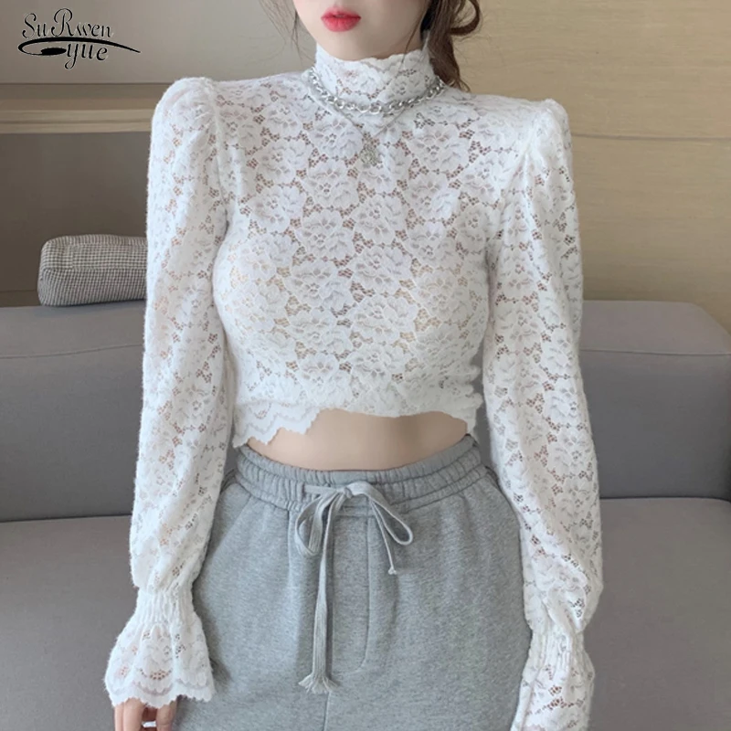 

New Arrival Puff Sleeve Lace White Blouse Shirts Casual Floral Women Shirt Tops Turtleneck Short Sexy Corset Top Blusas 12710