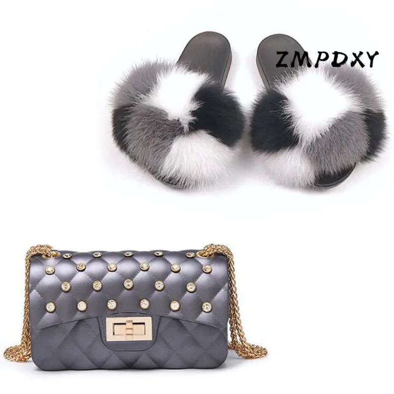 

Ladies Chain Candy Crossbody Purse Women's Real Fox Fur Slippers Female Fluffy Furry Slides Woman Jelly Shoulder Bag Shoes Sets