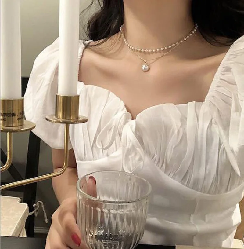 Новинка 2021 модное ожерелье-чокер с жемчугом Kpop милая двухслойная цепочка