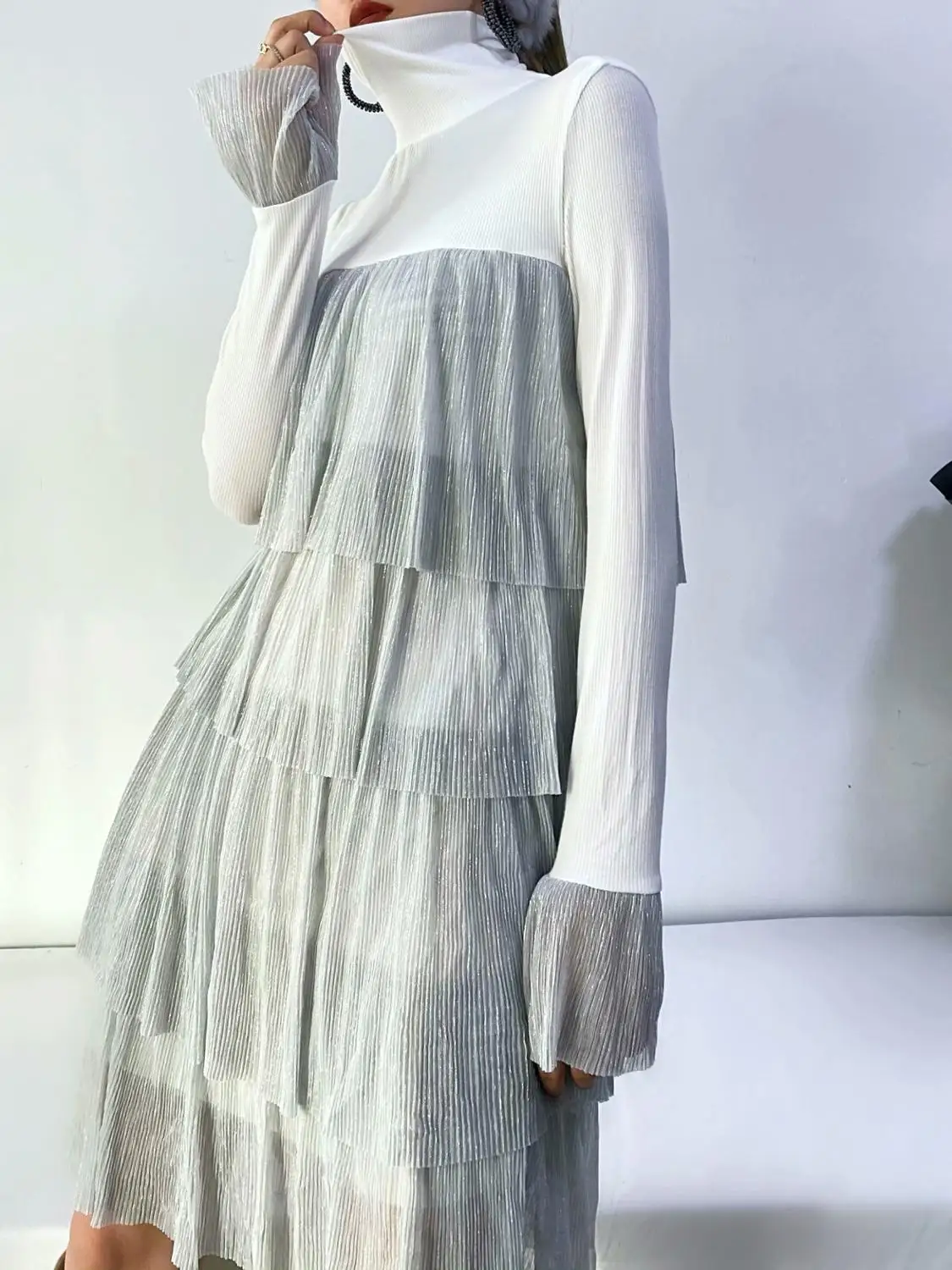 

Turtleneck cascading ruffle dress women long flare sleeve high waist mini vintage dress party dress vestidos mujer