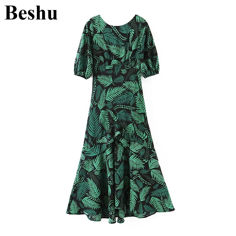 Za 2019 модное женское платье миди с принтом зеленых листьев шифоновое сексуальное