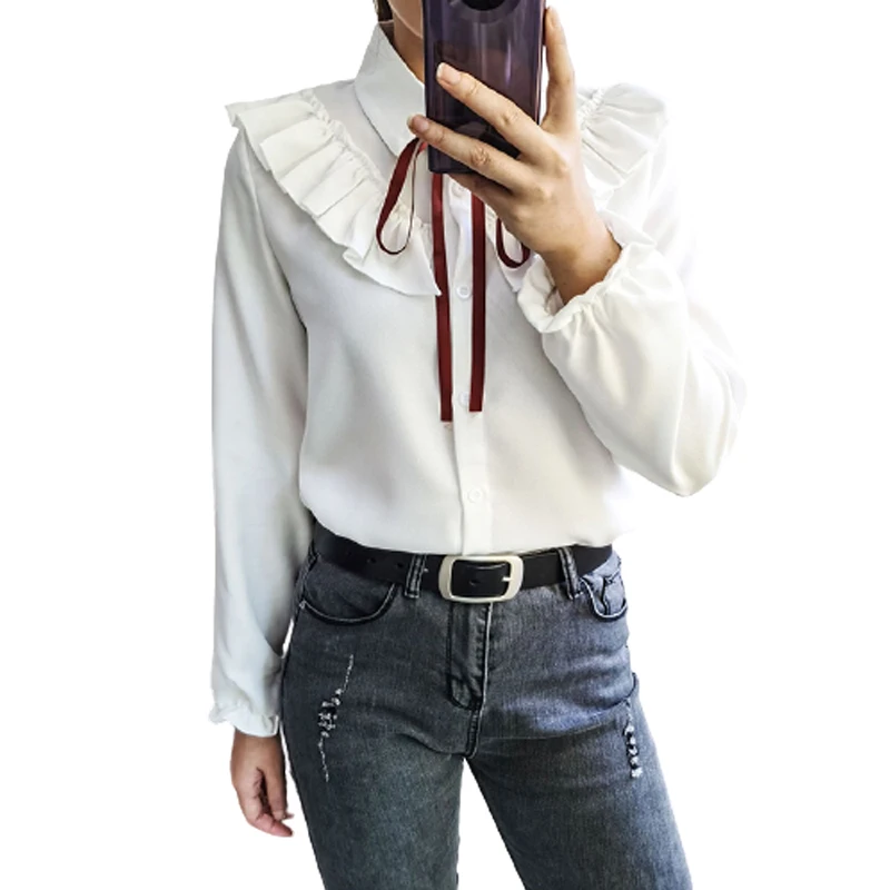 

Spring Women White Ruffles Bow Bandage Buttons Long Sleeve Chiffon Blouse Shirt Office Lady Elegant Preppy Casual Tops SJ5404M