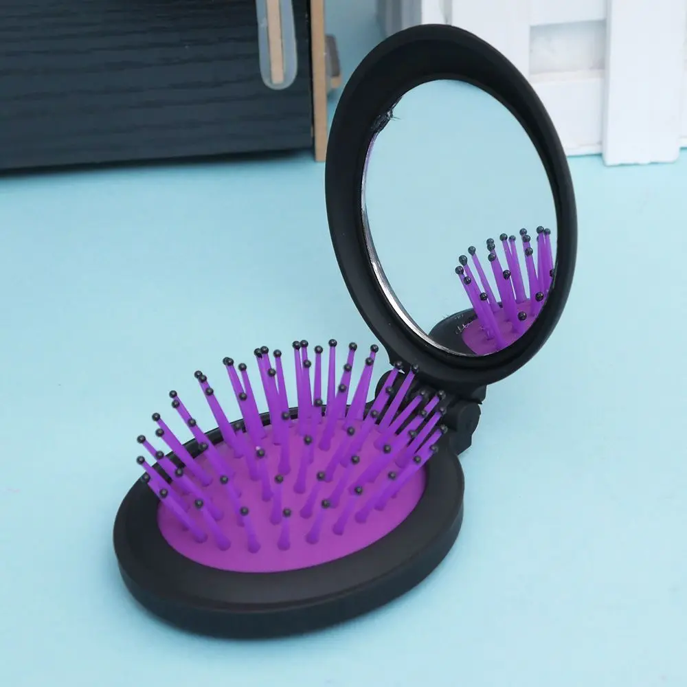 purple 1 шт. новая портативная складная мини-расческа для девочек, массажная круглая дорожная Щетка для волос с зеркалом, милая овальная форма - Цвет: purple
