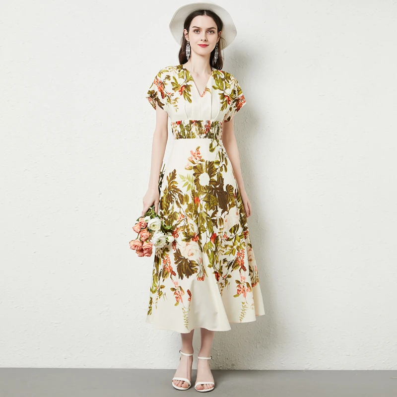 

JSXDHK New 2022 Runway Spring Summer V Neck Holiday Dress Vintage Women Flower Print Short Sleeve High Elastic Waist Midi Dress