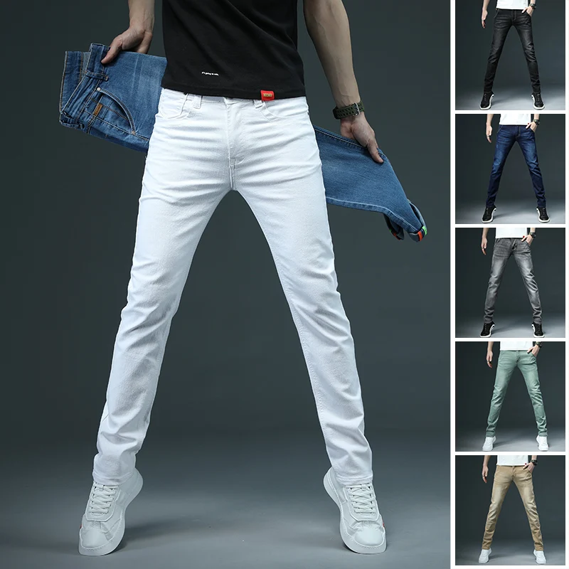 Pantalones vaqueros ajustados blancos para hombre, Pantalón de algodón elástico informal, ropa de marca, negro, gris, caqui, 2022