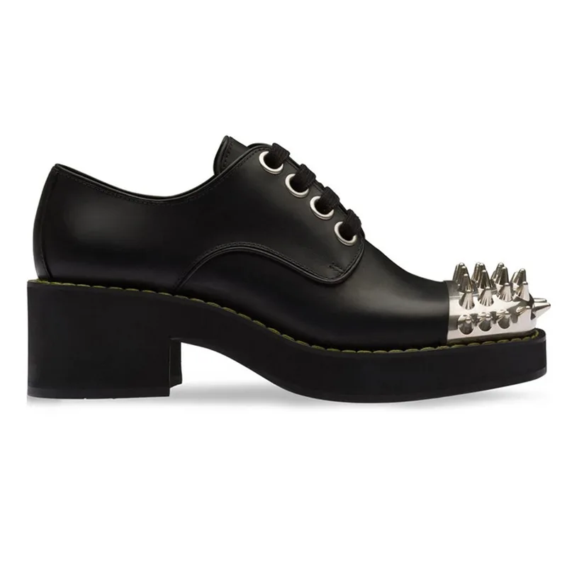 

2021 spring cowhide thick-soled lace-up iron toe deep mouth loafers European and American large size rivet single shoes women