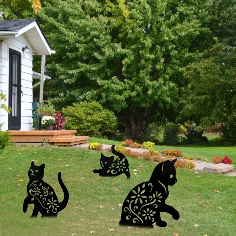 

1Set Metal Cat Silhouette Stake Art Fairy Garden Yard Home Decoration J60C