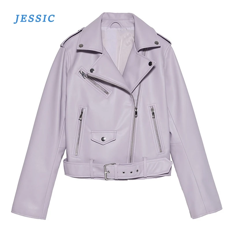 

JESSIC 2020 Autumn With Sashes Pu Faux Leather Jacket Women White Black Zipper Slim Short Biker Jackets Coat Female Outwear Tops