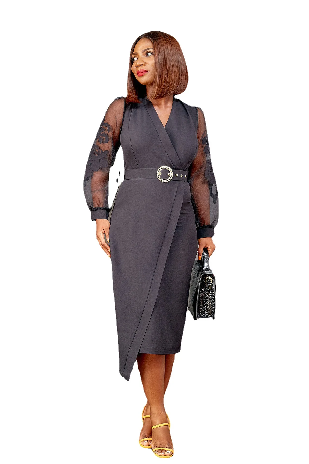 

Cross V-Neck Long Sleeve Sashes Spring Summer Women's Dresses Temperament Commute Midi Dress Office High Waist HAOOHU 2021