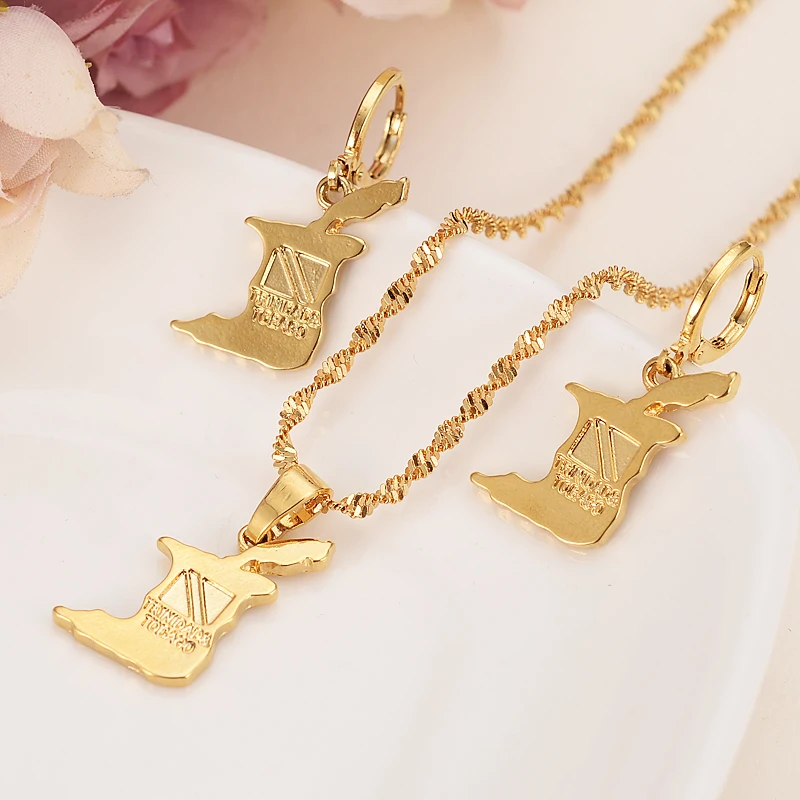 

Gold Color Trinidad and Tobago Map Earrings Pendant Necklaces Elegant Jewerly Set For Women Exquisite Dubai Arab African Jewelry