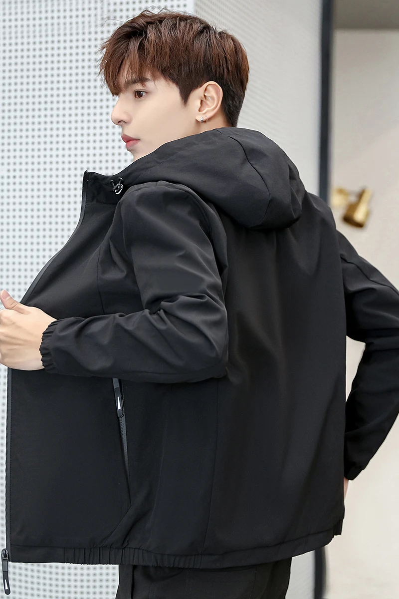 

Spring Autumn Solid Color Simple Jacket For Men Coats Reversed Zip Closure with Zipper Pocket Clothing Elastic Hem and Cuff