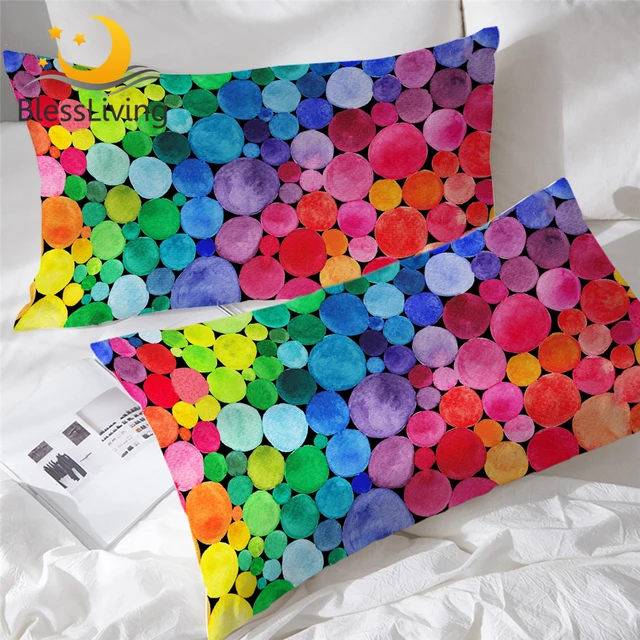BlessLiving Colorful Pillowcase Rainbow Circles Sleeping Pillow Case Watercolor Bedding 2-Piece Pillowcase Cover 50x90cm 1