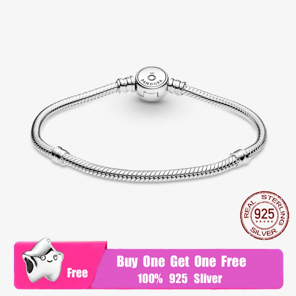 

2021 S925 Sterling Silver Moments Sparkling Blue Disc Clasp Snake Chain Bracelet Fit Original Charm For Women DIY Jewelry Gift