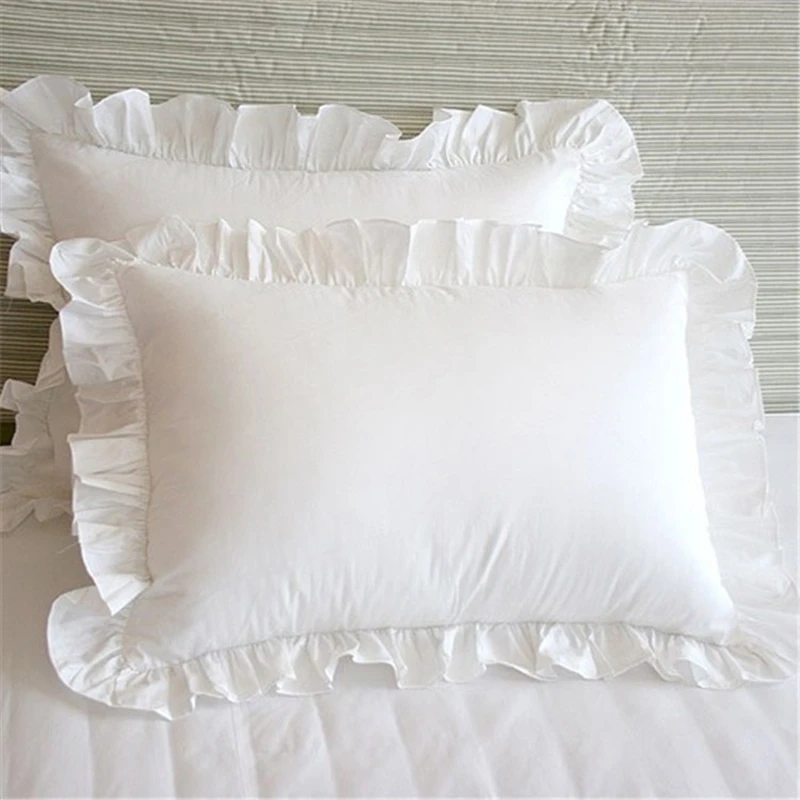 

2Pcs White Pillowcase Bedding Cotton Solid Ruffle Pillow Sham Princess European Pillow Cover Protector 48x74cm