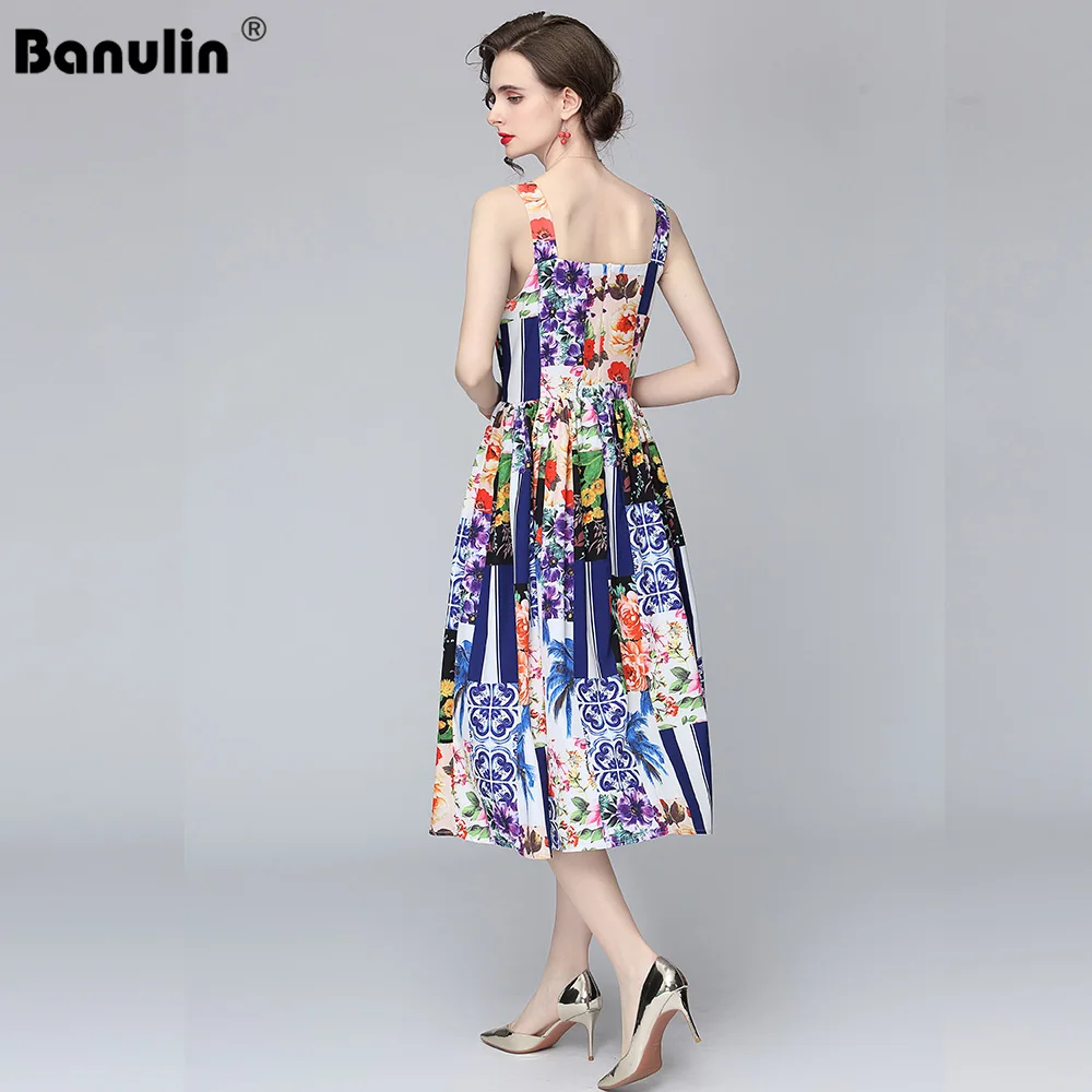 

2021 Summer Runway Designer Bohemian Dress Women's Spaghetti Strap Casual Floral Print Backless Holiday Elegant Party Midi Dress