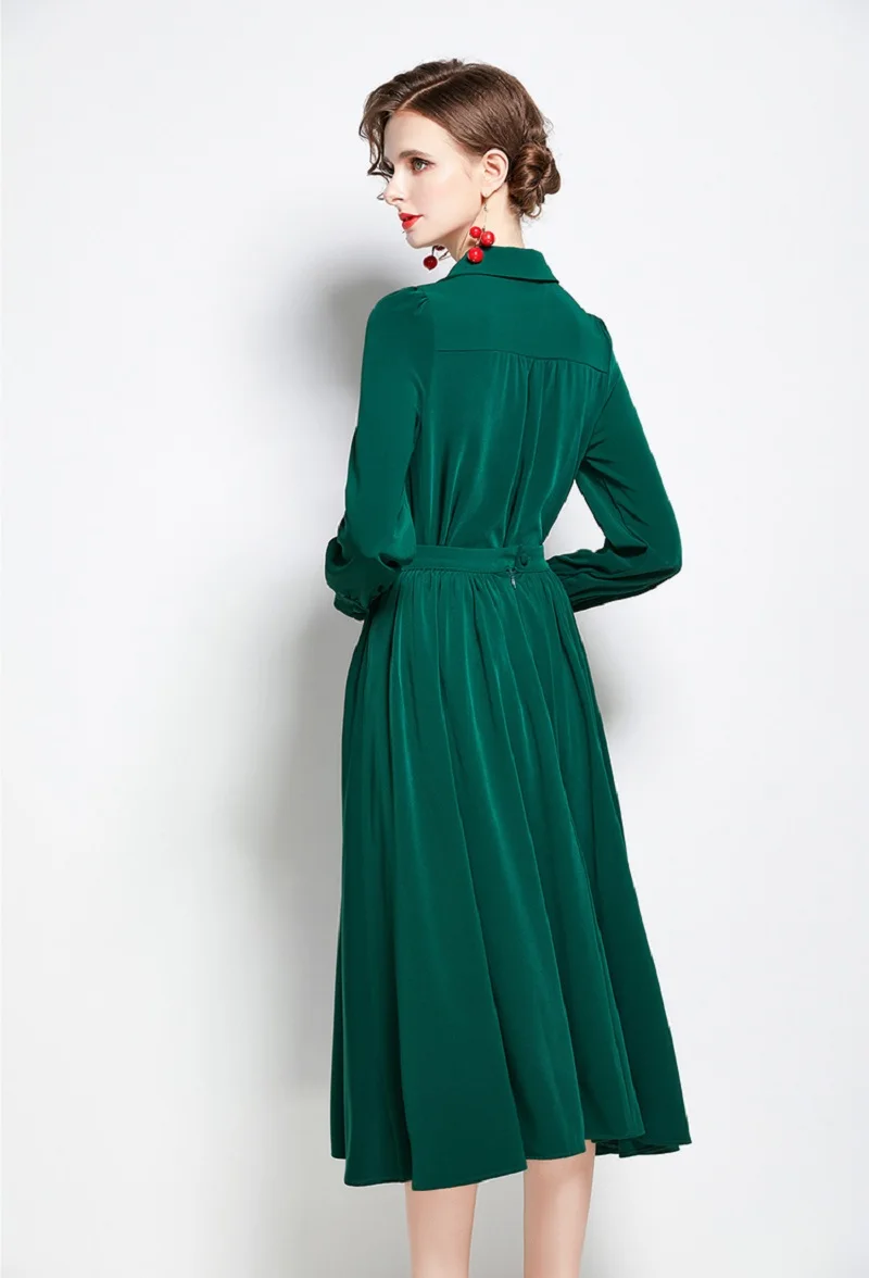 

Autumn Vintage Elegant Green Sexy Women Long Sleeve Turn-Down Collar Shirt Tops+Skirts Two Piece Set Fashion Party Femme Suit