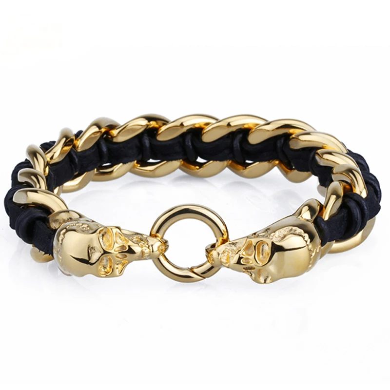 Новый Панк Рок Двойной череп головы браслет для мужчин золото 316L нержавеющая