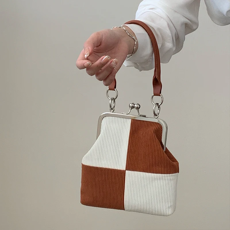 

Checkerboard Corduroy Women Small Shoulder Bags Color Matching Ladies Retro Clip Crossbody Bag Female Plaid Clutch Purse Handbag