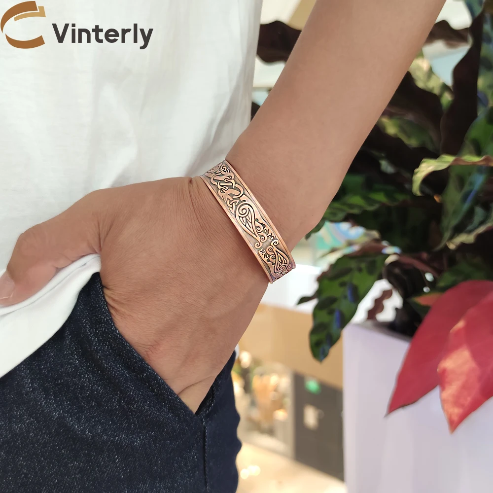 

Viking Magnetic Pure Copper Bracelet Male Adjustable Cuff Energy Magnetic Bracelet Benefits Wristband 15mm Wide Men Bracelets