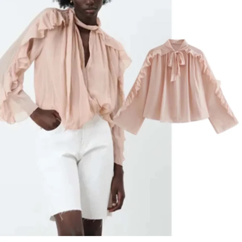 

Za Blouse Women Bow Collar Fashion Ruffled Casual Blusas Mujer De Moda 2021 Vintage Shirts Women Blouse Tops