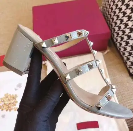 

caged straps stud leather mules women stud Slips on sandals T-strap sandal block High Heels rivets Ladies Sexy party shoes v