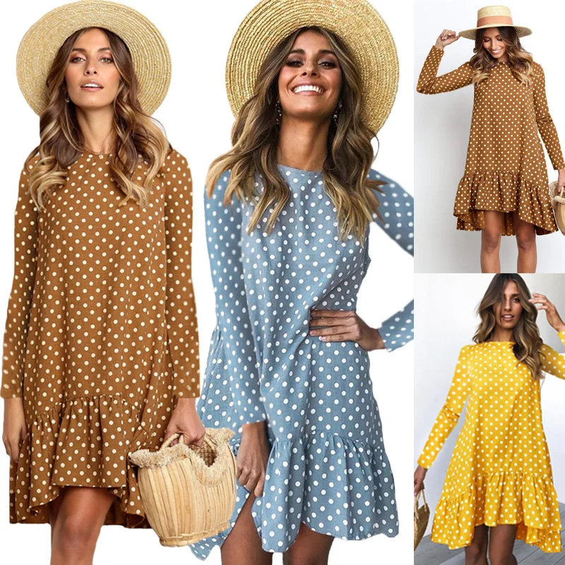 

Lossky Women Spring Dress Fashion Polka Dot Print Ladies Casual Clothing Long Sleeve O neck Mini Short Loose Yellow Dresses 2020