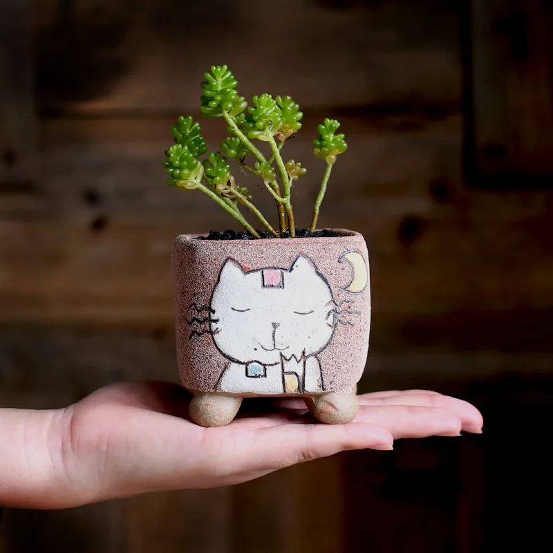 Creative Retro Multi-meat Pot Green Plant Pot Personality Ceramic Pot Grinding Sand Breathable Clay Meat Small Pot