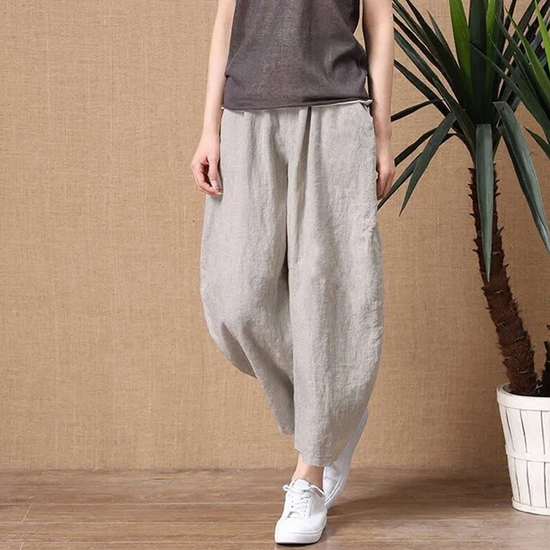 

Women's Cotton Linen Pants Elastic Waist Vintage Trousers Lady Loose Casual Pants Plus Size S-5XL Retro Literary Cotton Trousers