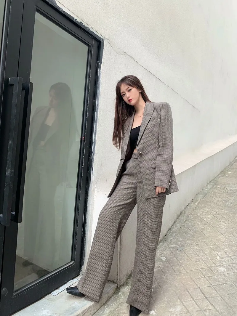 Женский клетчатый Повседневный модный приталенный костюм с длинными рукавами и