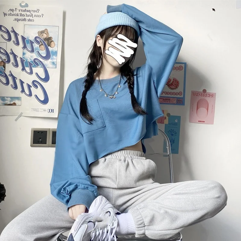 

All-match Long-sleeved Top Women's 2021 Spring And Autumn Loose Round Neck Pullover Short Sweater Trend Wn*
