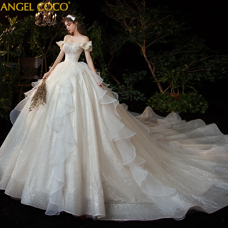 Luxury Shiny Off The Shoulder Maternity Wedding Dresses Long Train Sweetheart Elegant Bride Dress Married Pregnant Women Ivory