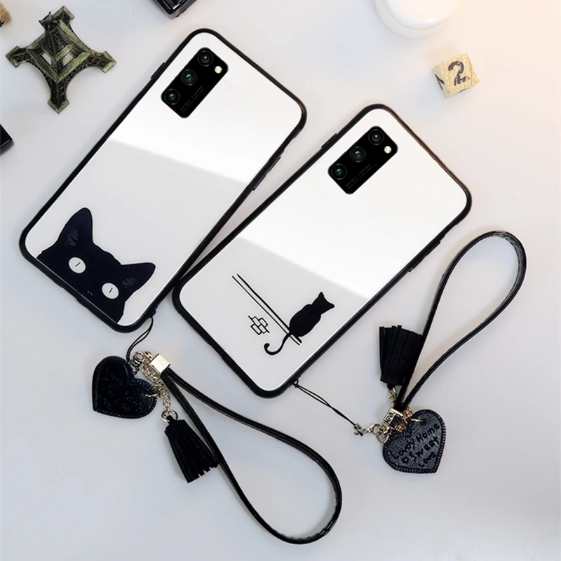 

For OPPO Realme 7 Pro 7i C17 C12 c11 C3 X50 Pro V5 Case Cute Cat Cartoon Hard Glass Cover For realme x7 5 5i 5s 6 Pro Give Strap
