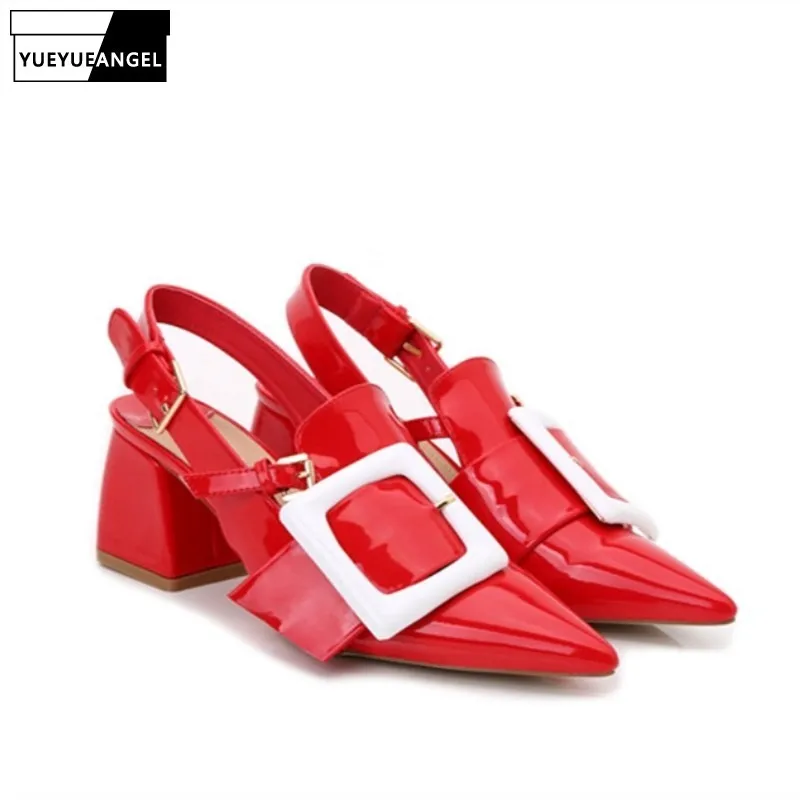 Вечерние туфли с острым носком на толстом каблуке пряжкой и ремешком женские