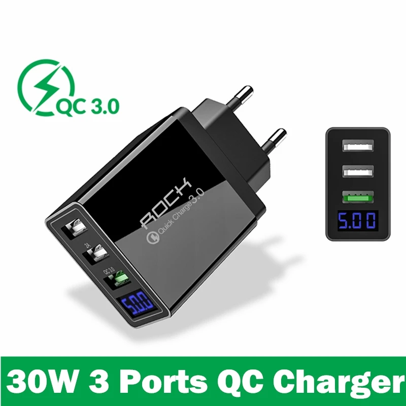 QC 3.0 3 USB ROCK QC 3,0 30 Вт 3 USB зарядное устройство для быстрой зарядки телефона светодиодный дисплей для iPhone Xiaomi samsung huawei 3 порта Быстрый Настенный адаптер Turbo - Тип штекера: QC 3.0 3 USB