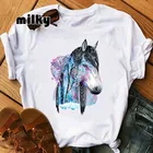 Женская футболка с коротким рукавом и круглым вырезом, с принтом лошадей