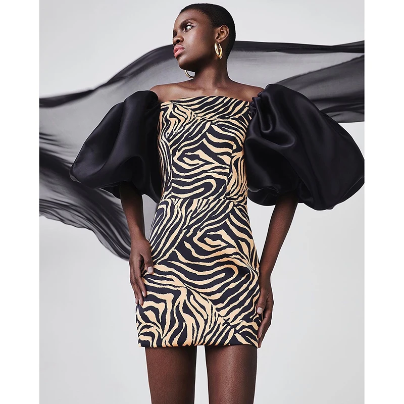 2021 Fall Vintage Leopard Print Puff Short Sleeve Women Bodycon Dress Casual Mini Party Sexy Club Robe Femme Vestidos S21015