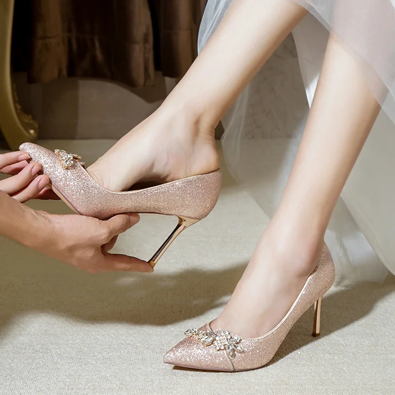 

Wedding Shoes Marriage Formal Dress High Heel Shoes Crystal hun sha xie Bride Shoe Usually Wearable