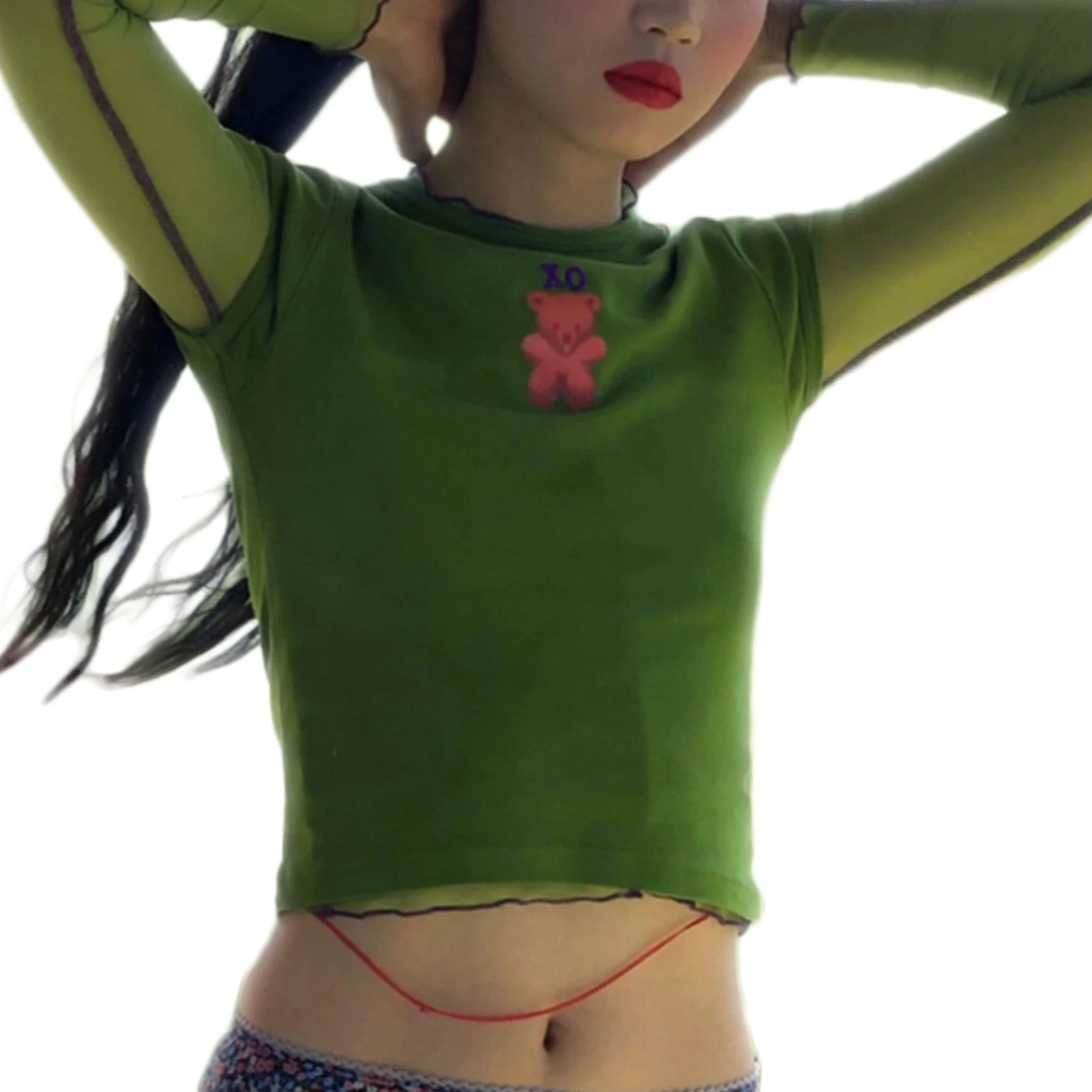 

2021 Female T-Shirt Letter Bear Pattern Print Round Collar Short Sleeve Pullover Tops for Summer Green/Coffee