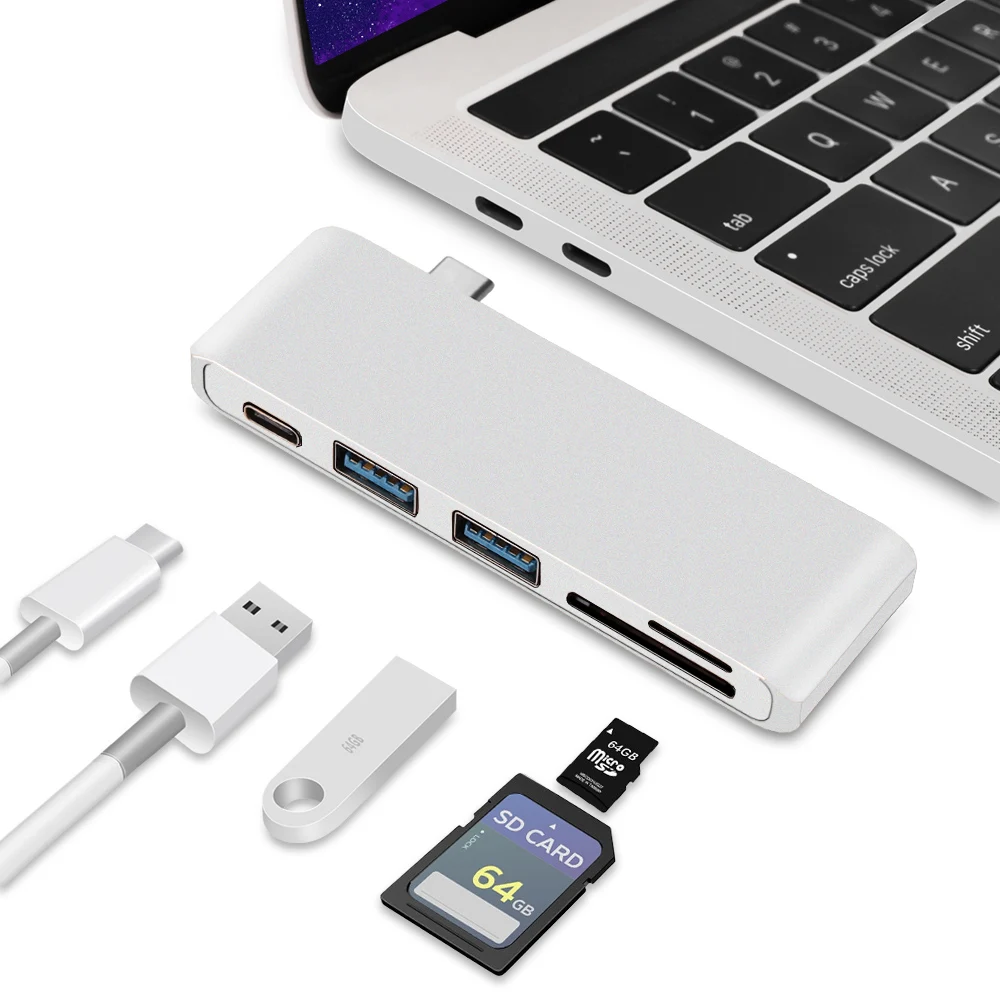 Redlai USB C концентратор для MacBook Air Pro Retina 13 дюймов /// Тип-C USB Hub адаптер с 2 портами(стандарт 3,0 Порты, PD, светодиодный дисплей, SD/TF Card Reader устройство чтения карт