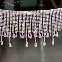 junao 45cmlot glitter ab crystal rhinestone fringe chain sew on drop tassel trim glass decoration applique for dress pendant