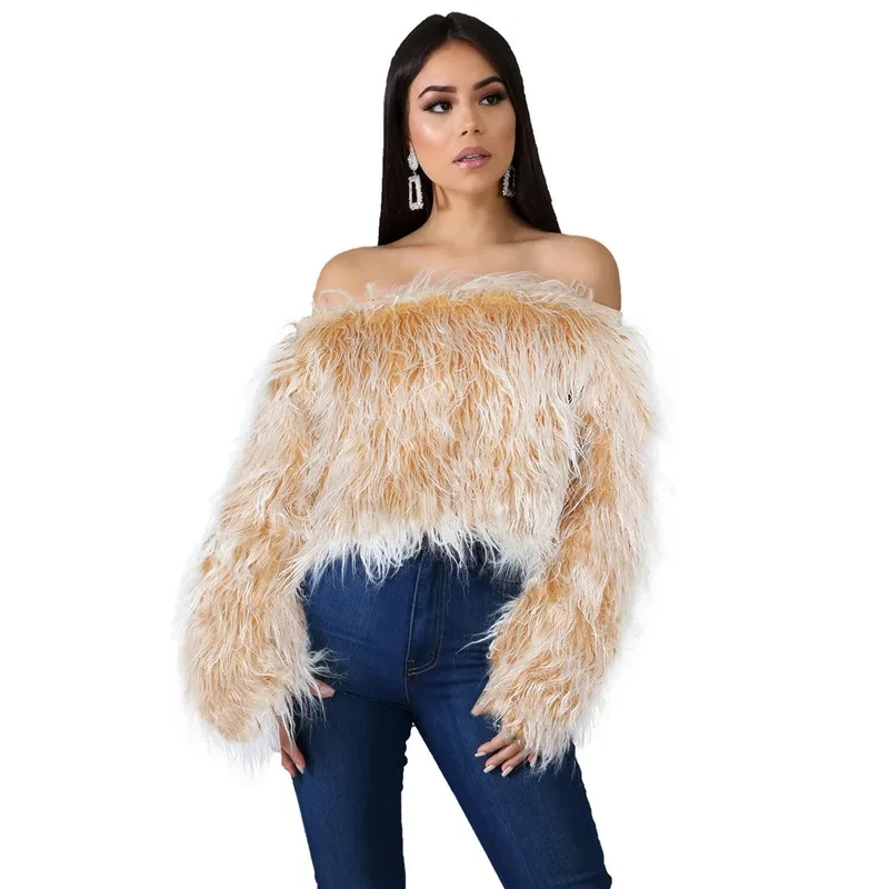 

Hot sale women's sexy one-shoulder gradient color anti-length faux fur crop top jacket sweater B325