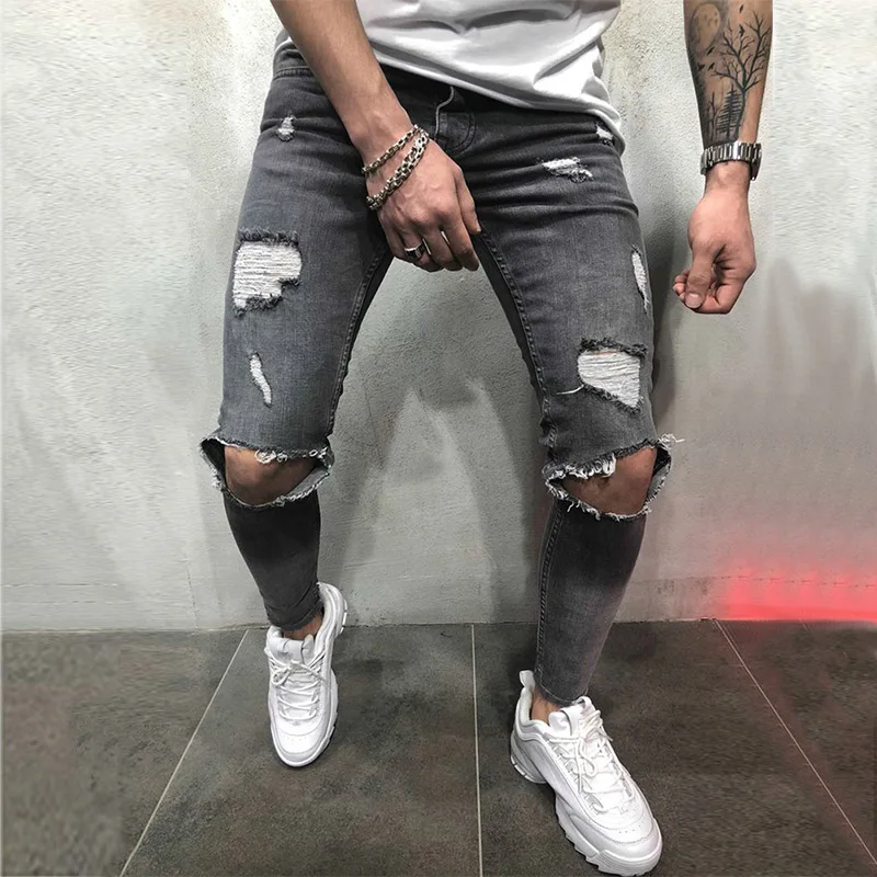 Men's Jeans Vintage Skinny Knee Destroyed Ripped Jeans streetwear Slim fit Pants Homme beggar Hole Hip Hop denim trousers Men
