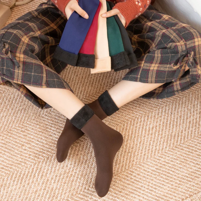 3 Pairs Women Winter Warm Socks Thicken Thermal Nylon Solid Color Socks Soft Snow Velvet Boots Floor Sleep Black Sock Ladies Sox