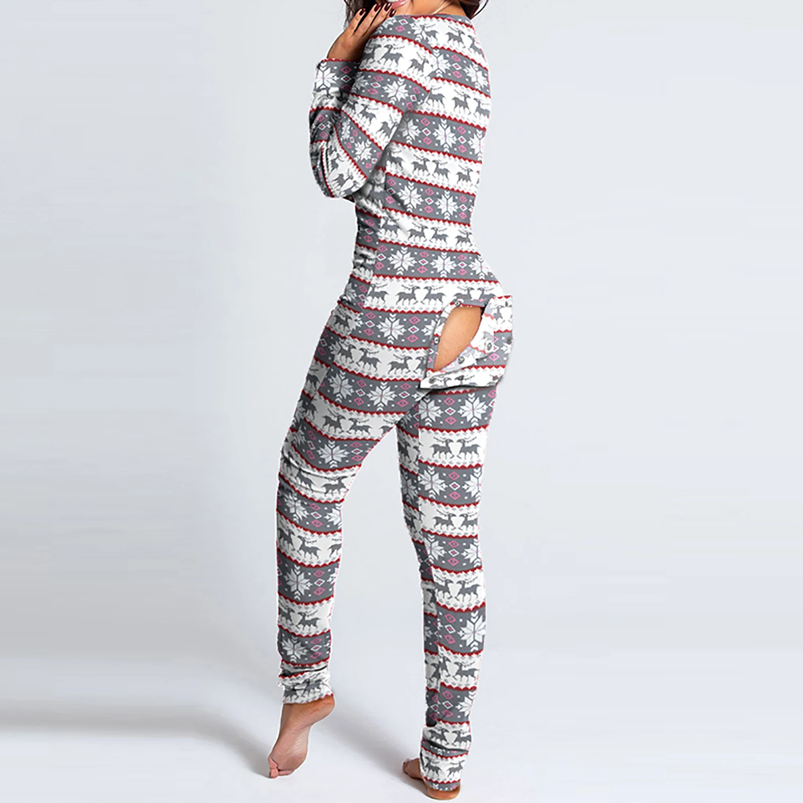 2021 Women Christmas Onesies With Butt Flap For Adults Sexy Sleepwear Romper Open Pajamas Jumpsuit Xmas Pyjama Long Nightie |
