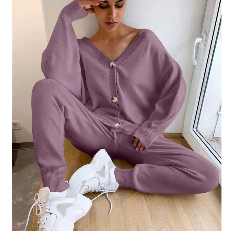 

New ladies lazy knit cardigan sweater pants suit casual suit