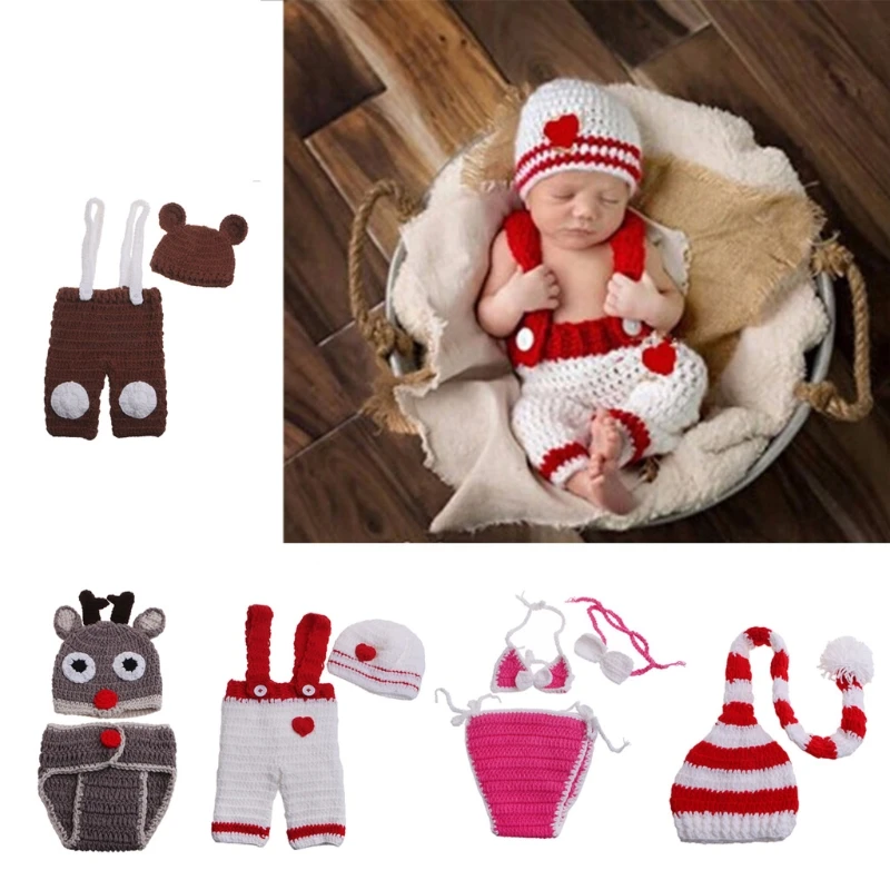 

Fashion Newborn Photography Prop Overalls Pants Photography Outfits Crochet Hat Pants Bodysuit for 0-3 Month Boys Girls