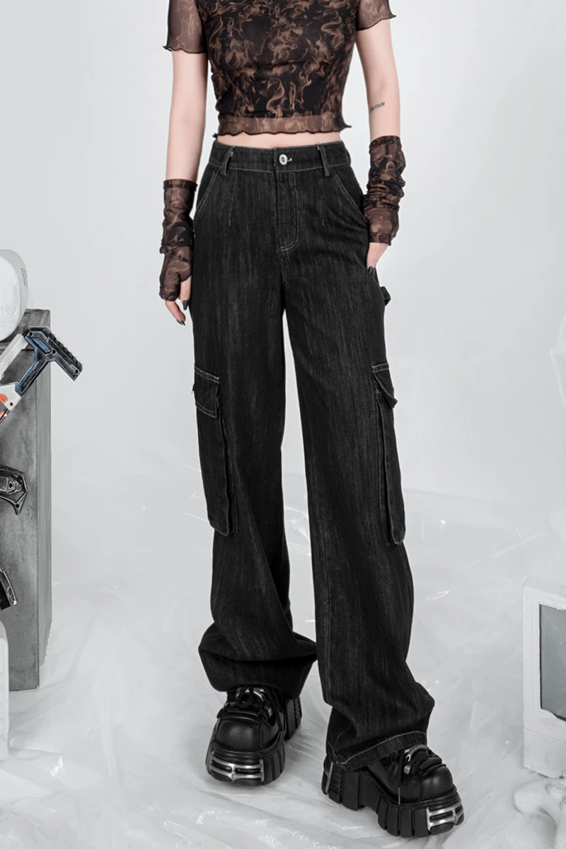 

SHENGPALAE Big Pocket Jeans Women's Spring 2021 New High Wiast Vintage Washed Solid Color Loose Straight Denim Cargo Pants 5A134